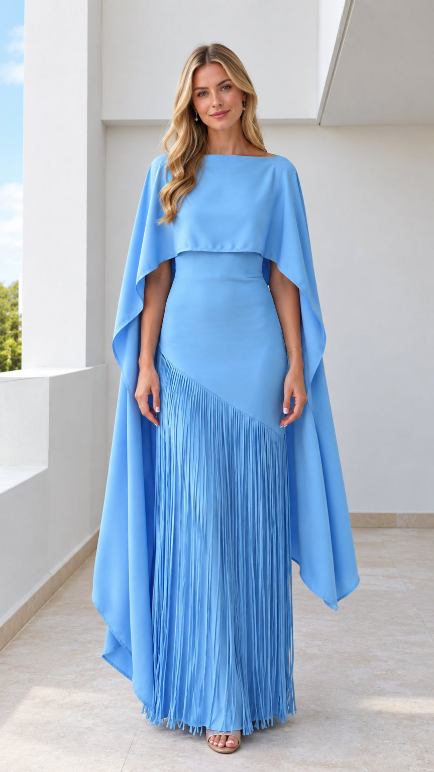 Sky blue formal maxi dress with cape overlay and asymmetrical fringe hem front view