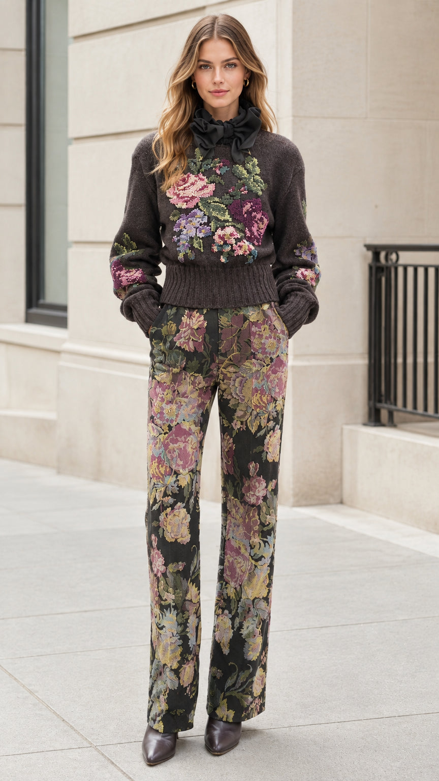 Front view of model wearing Charcoal floral embroidered sweater and wide-leg trousers set