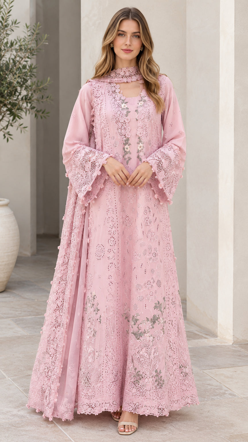 Front full view of woman wearing blush pink floral embroidered lace maxi dress with matching scarf
