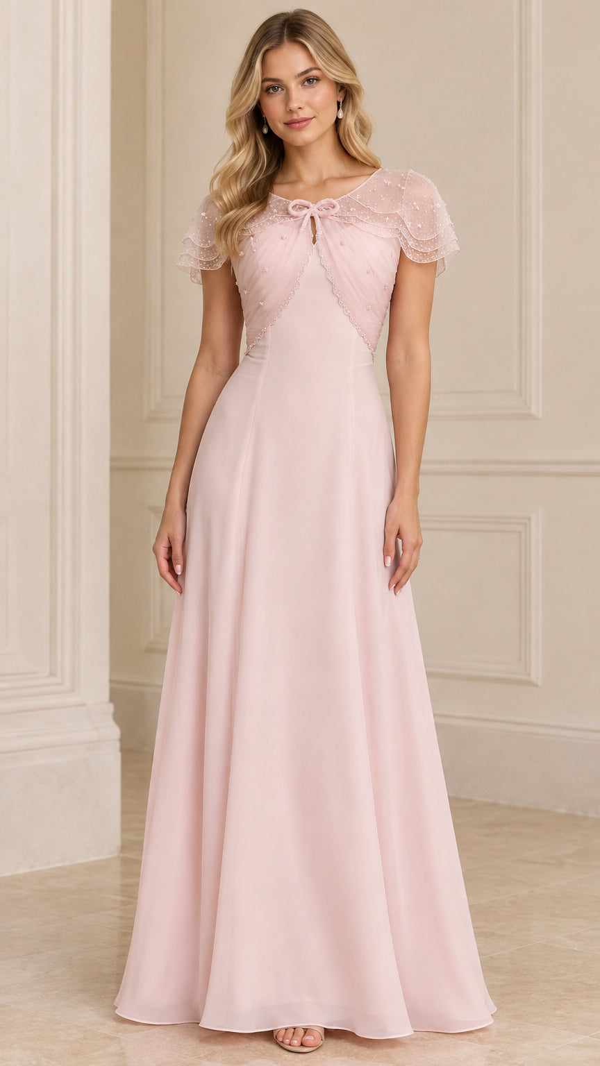 Full front view of blush pink beaded capelet A-line maxi evening gown