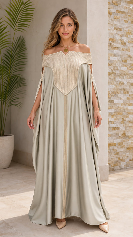 Sage green off-the-shoulder pleated yoke kaftan maxi dress front view