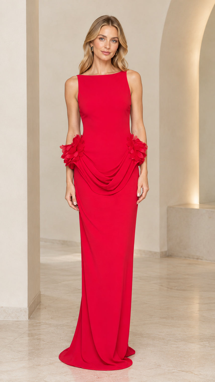Red boat neck backless maxi dress front view with draped floral detail