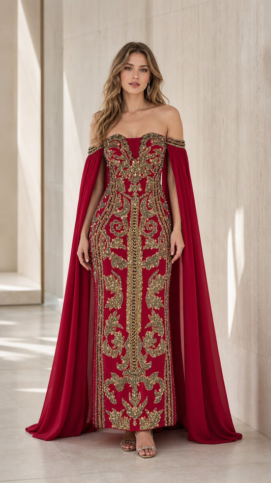 Front view of burgundy red off-the-shoulder evening gown with gold embroidery and cape sleeves