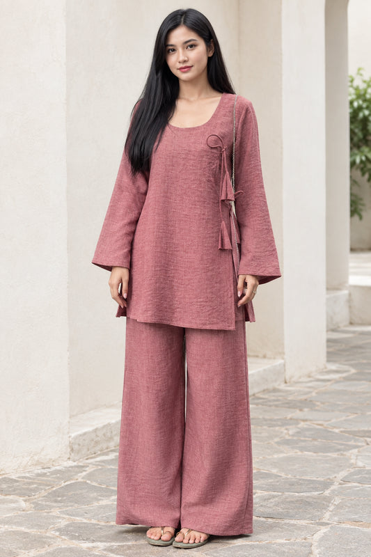 Front view of woman wearing Dusty Rose linen-look two-piece tunic and wide leg pant set