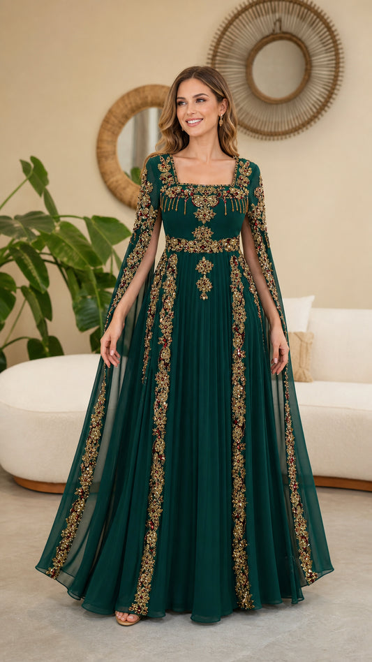 Front view of model wearing Emerald Green embroidered cape sleeve maxi dress