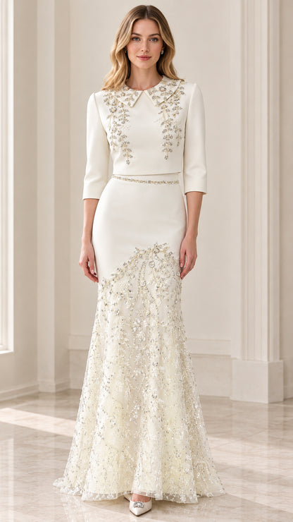 Full front view of model wearing Ivory beaded collar 3/4 sleeve mermaid evening gown