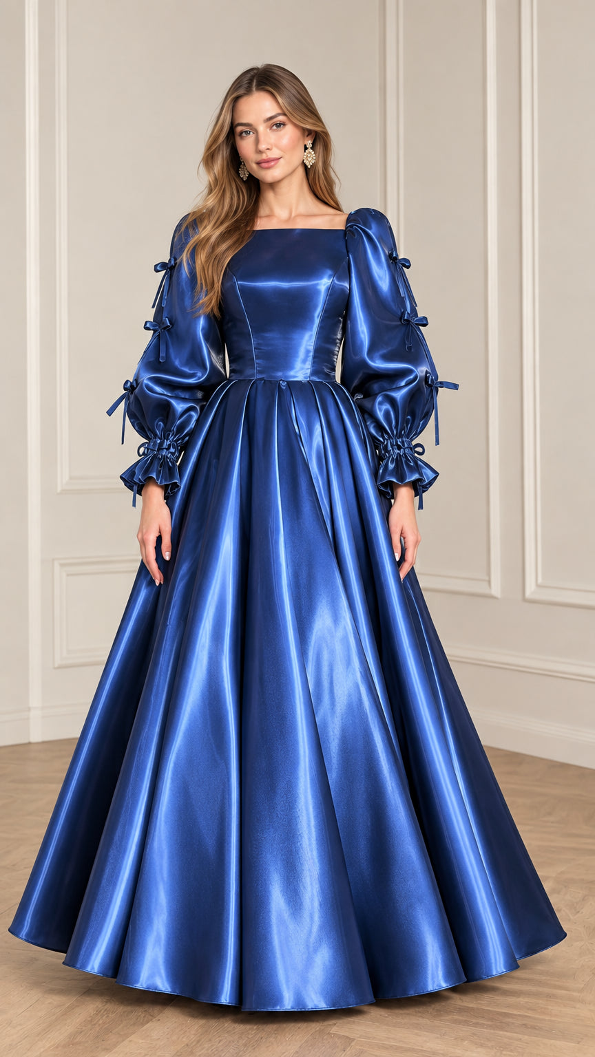 Front view of model wearing Royal Blue square neck satin ball gown with puff sleeves