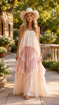 Front view of blush ombre tiered lace trim sleeveless maxi dress with flowing layered skirt