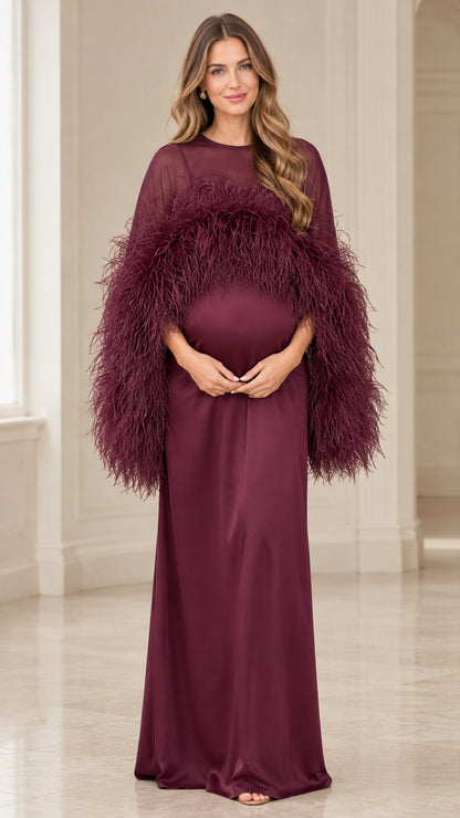 Burgundy feather trim maternity maxi dress front view