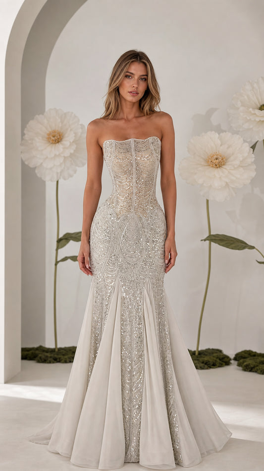 Front view of strapless silver beaded sequin mermaid evening gown