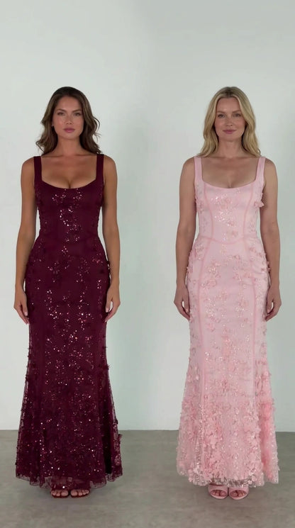 Front view of Burgundy and Light Pink 3D floral appliqué corset maxi gowns