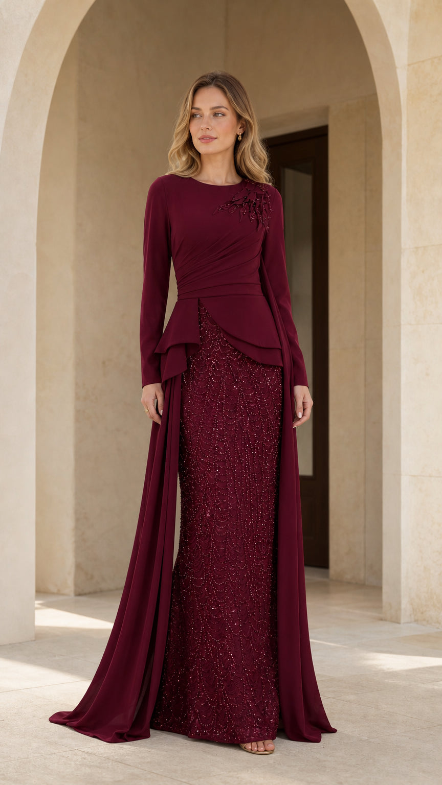 Burgundy long sleeve peplum formal gown with beaded shoulder and shimmer skirt - front view