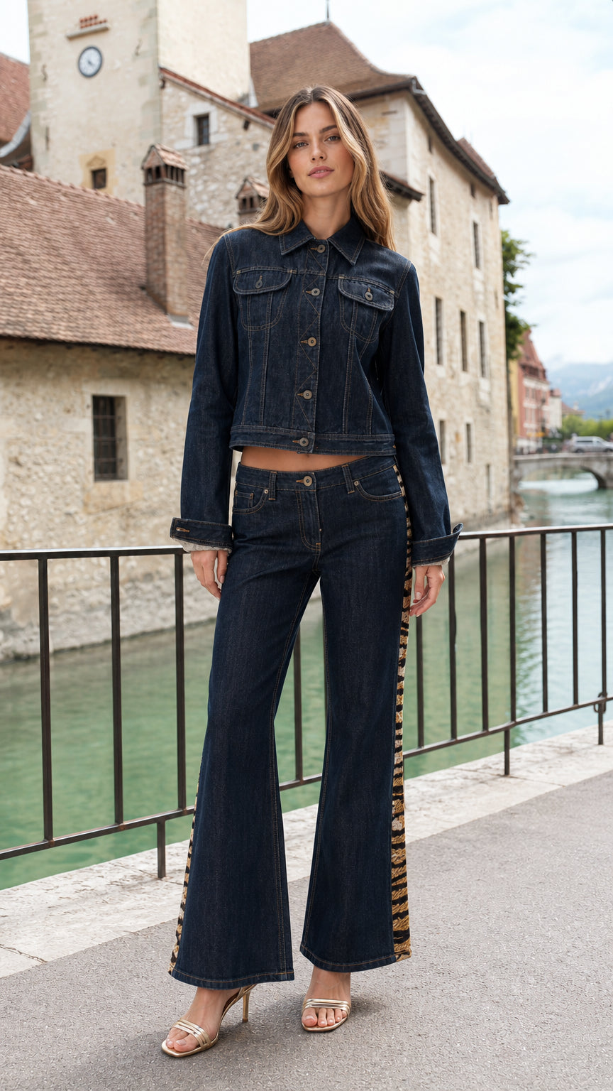 Model wearing Dark Blue cropped denim jacket and matching animal print side stripe flare jeans