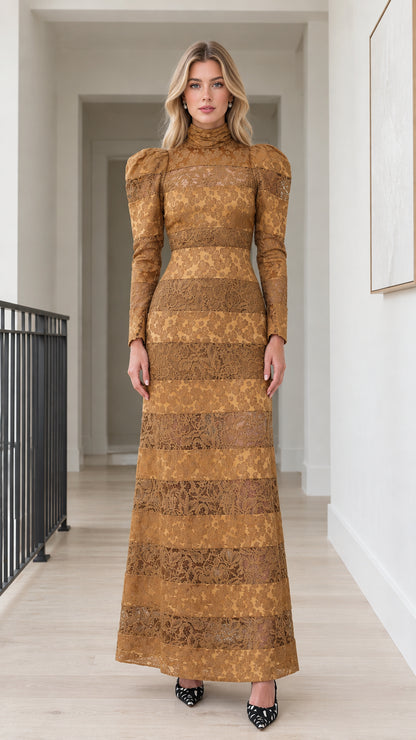 Front view of model wearing Mustard Brown high neck tiered lace maxi dress with long puff sleeves