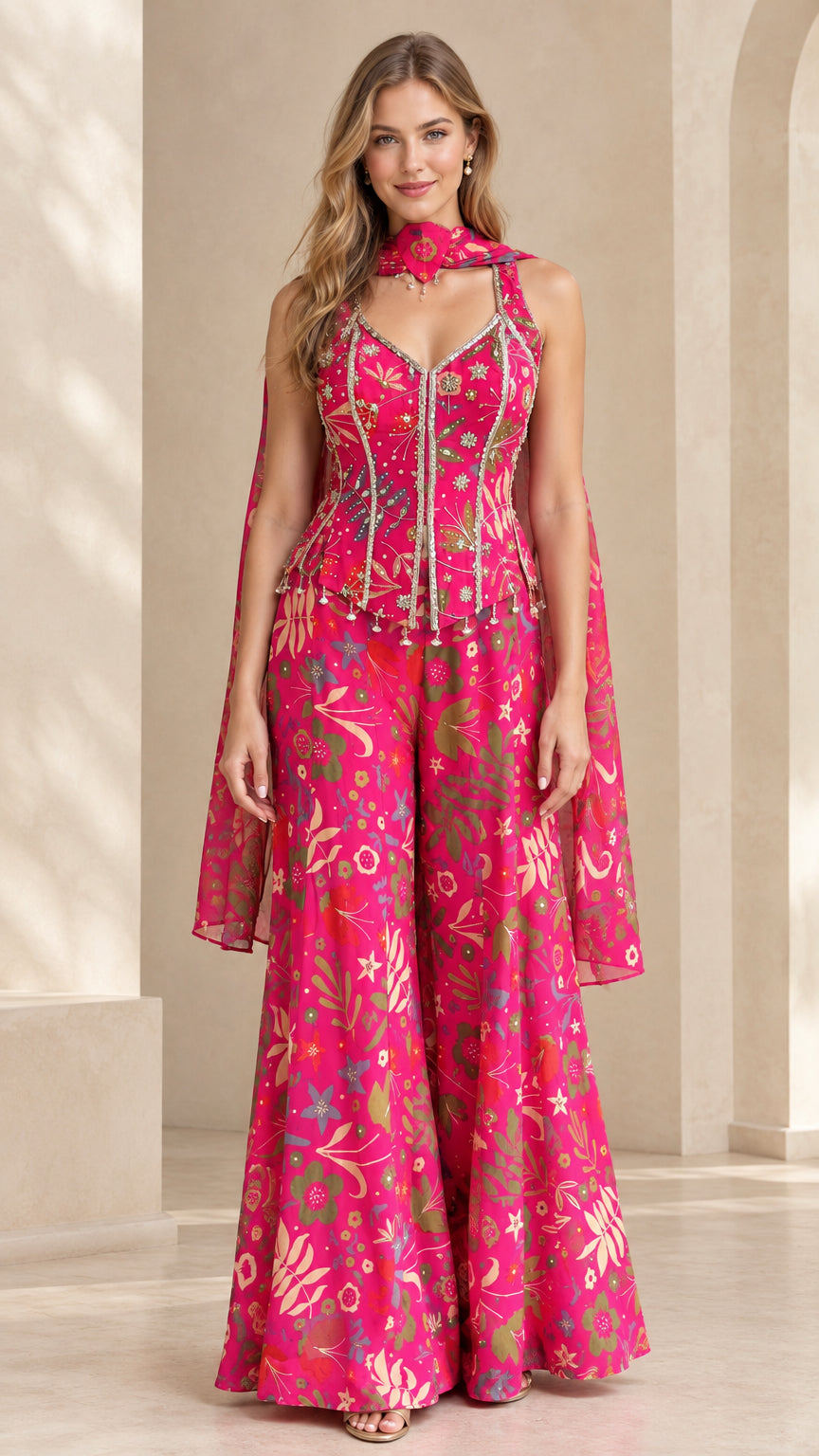 Full front view of model wearing fuchsia floral corset jumpsuit with wide-leg pants and attached neck cape