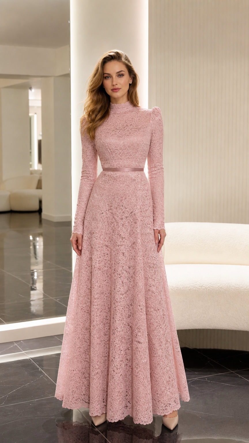 Dusty Pink long sleeve high neck floral lace maxi evening dress front view
