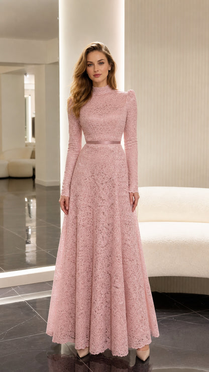 Dusty Pink long sleeve high neck floral lace maxi evening dress front view