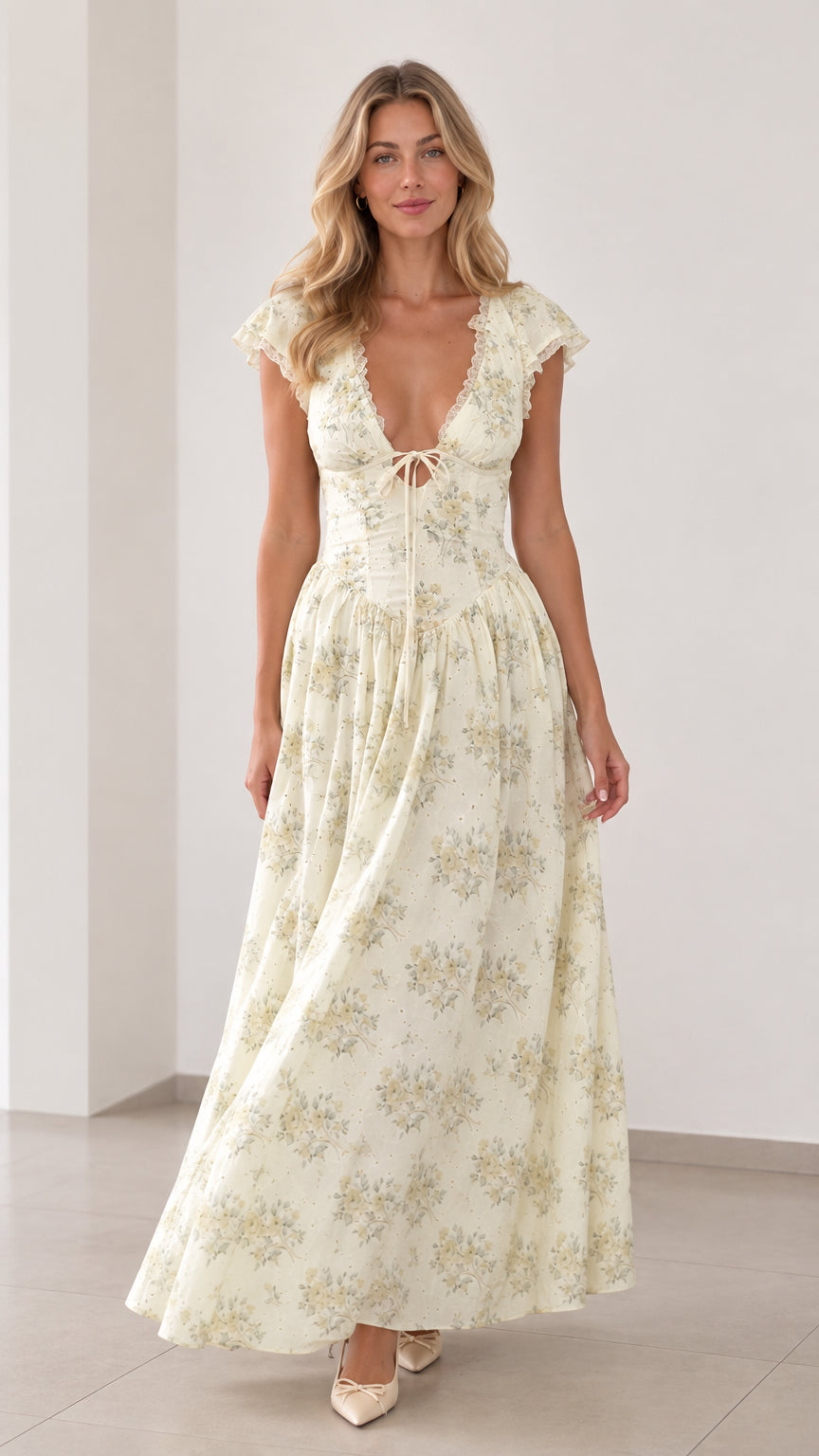 Front view of woman wearing cream floral plunging tie-front maxi dress with lace sleeves