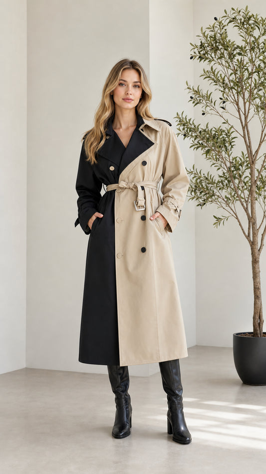 Front full-length view of woman wearing Black and Khaki color block long trench coat with knee boots