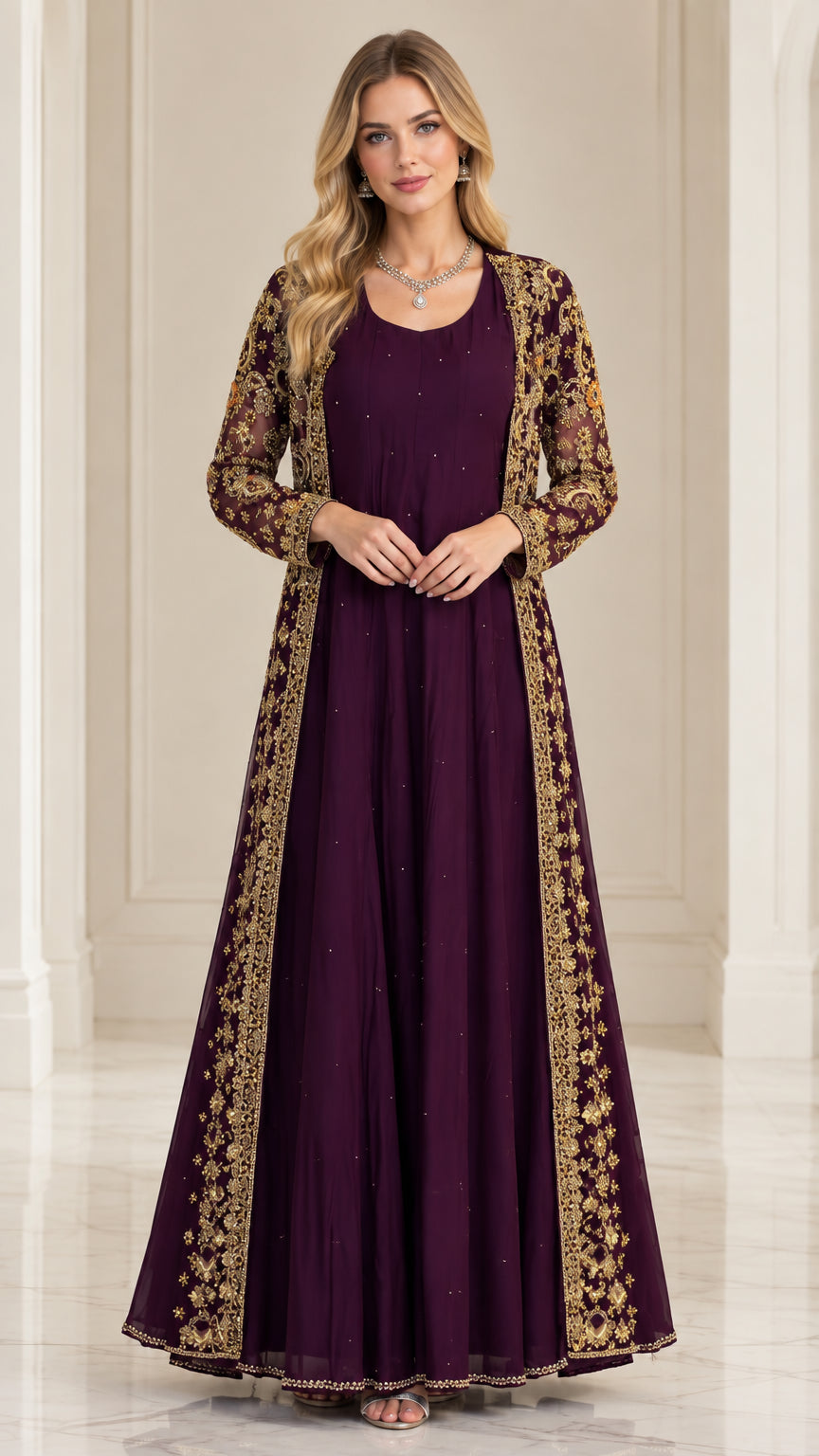 Plum purple formal maxi dress paired with gold embroidered sheer long jacket front view