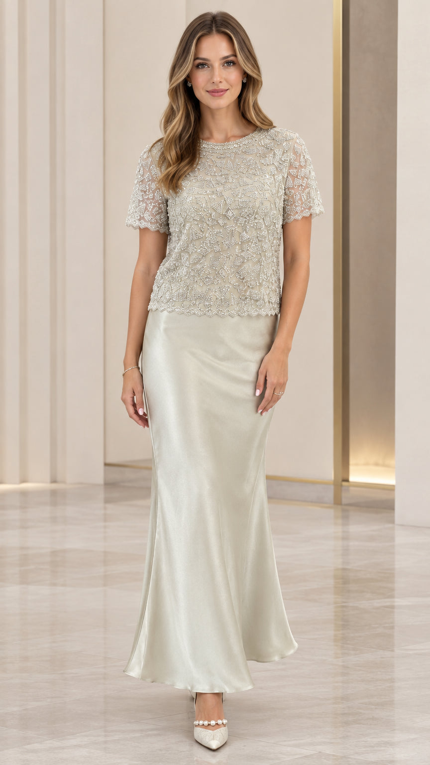 Full front view of model wearing silver beaded lace and satin maxi evening dress