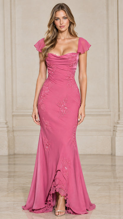 Front view of model wearing a rose pink cowl neck flutter sleeve mermaid evening gown
