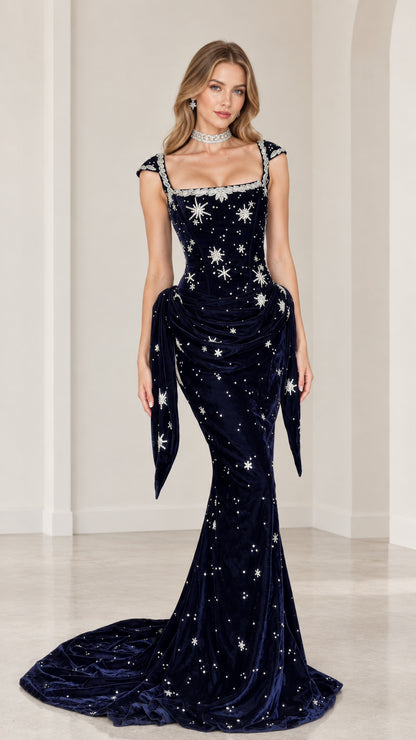 Navy blue velvet mermaid evening gown with star embellishments and crystal square neckline front view