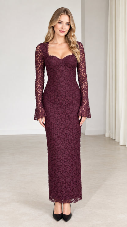 Front view of model wearing burgundy floral lace sweetheart maxi dress
