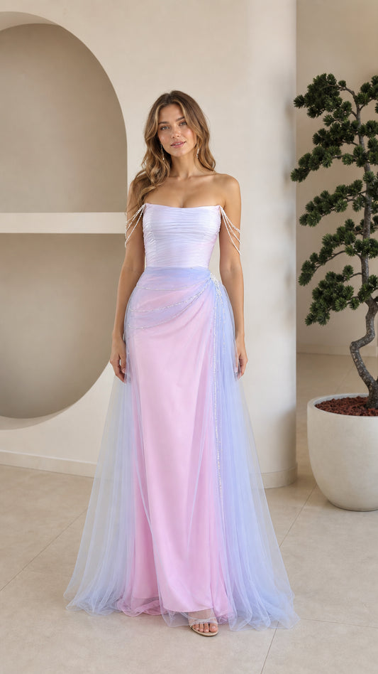 Front full-length view of model in pastel ombre strapless beaded tulle evening gown