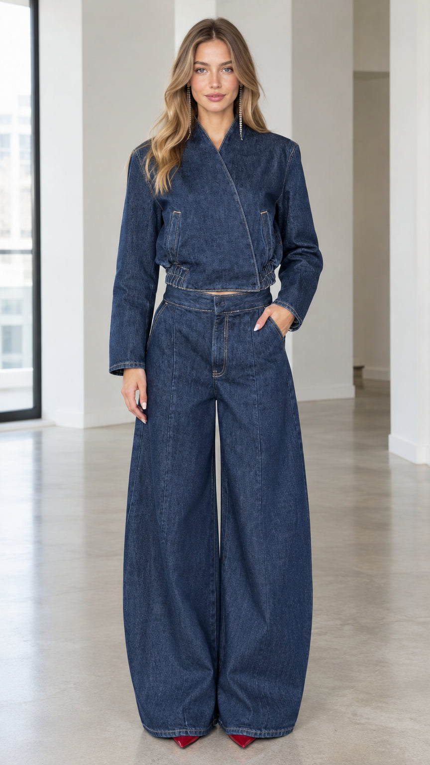 Full front view of model wearing dark blue asymmetrical denim jacket and wide leg pants set