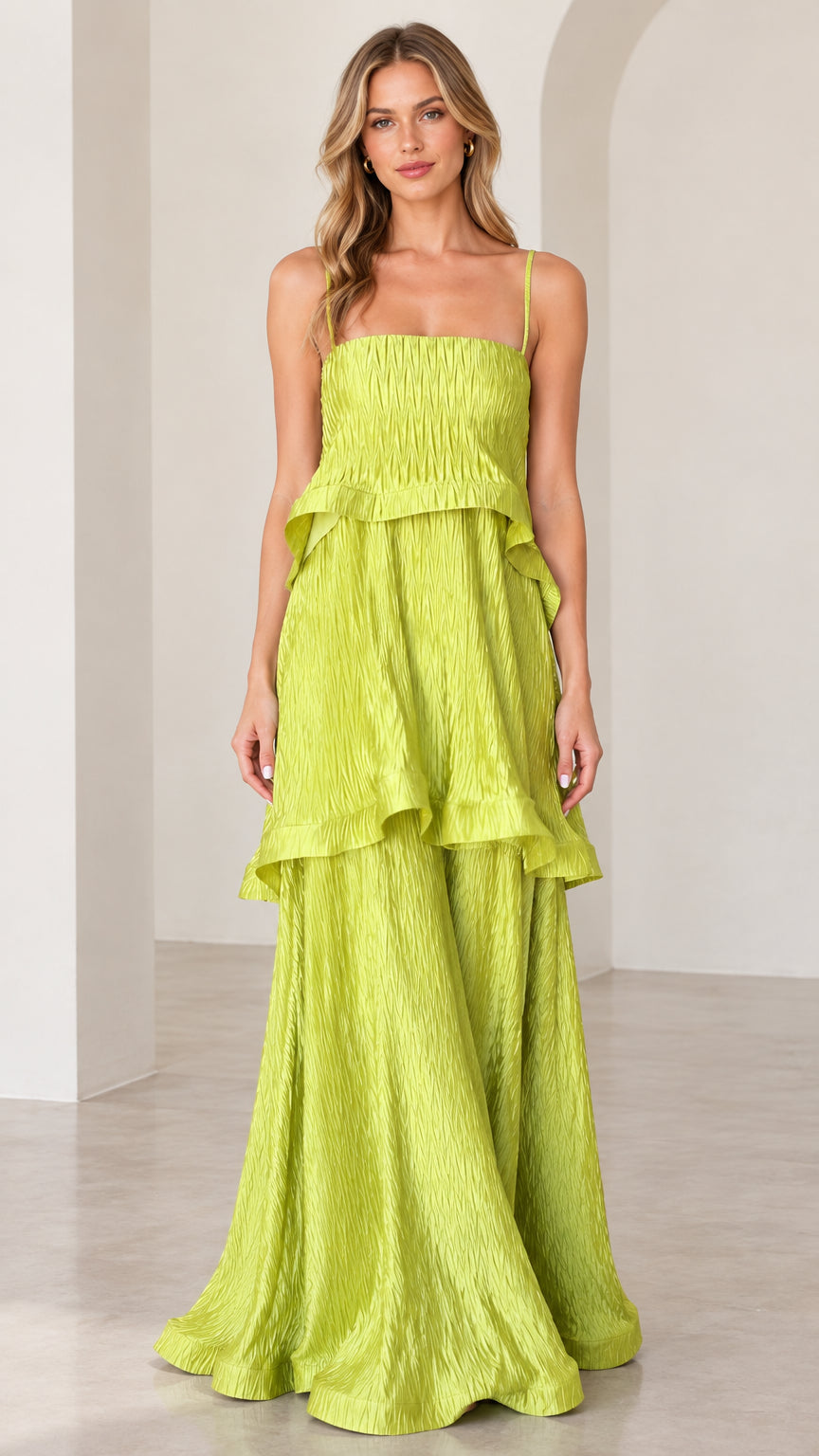 Full front view of model wearing chartreuse textured tiered maxi dress