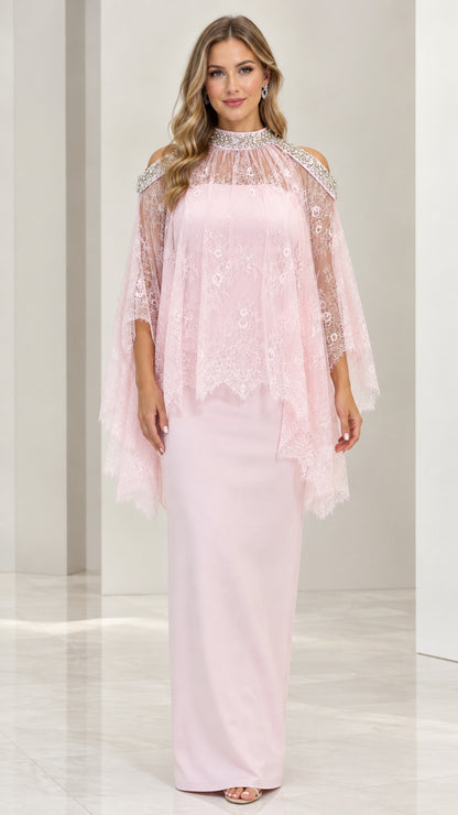Front view of woman wearing blush pink beaded lace capelet column maxi gown