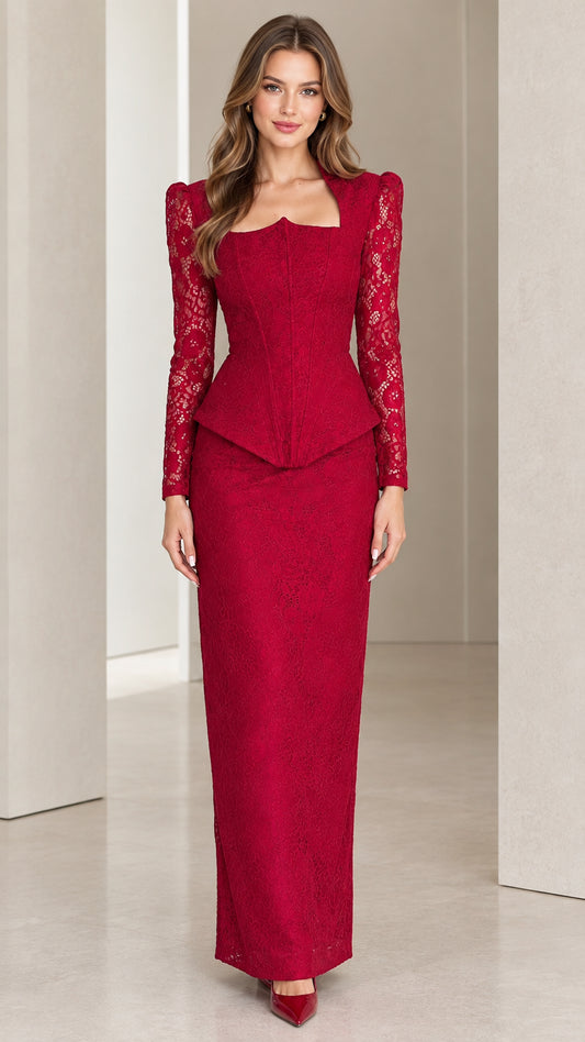 Front view of model wearing burgundy lace peplum two-piece maxi dress set