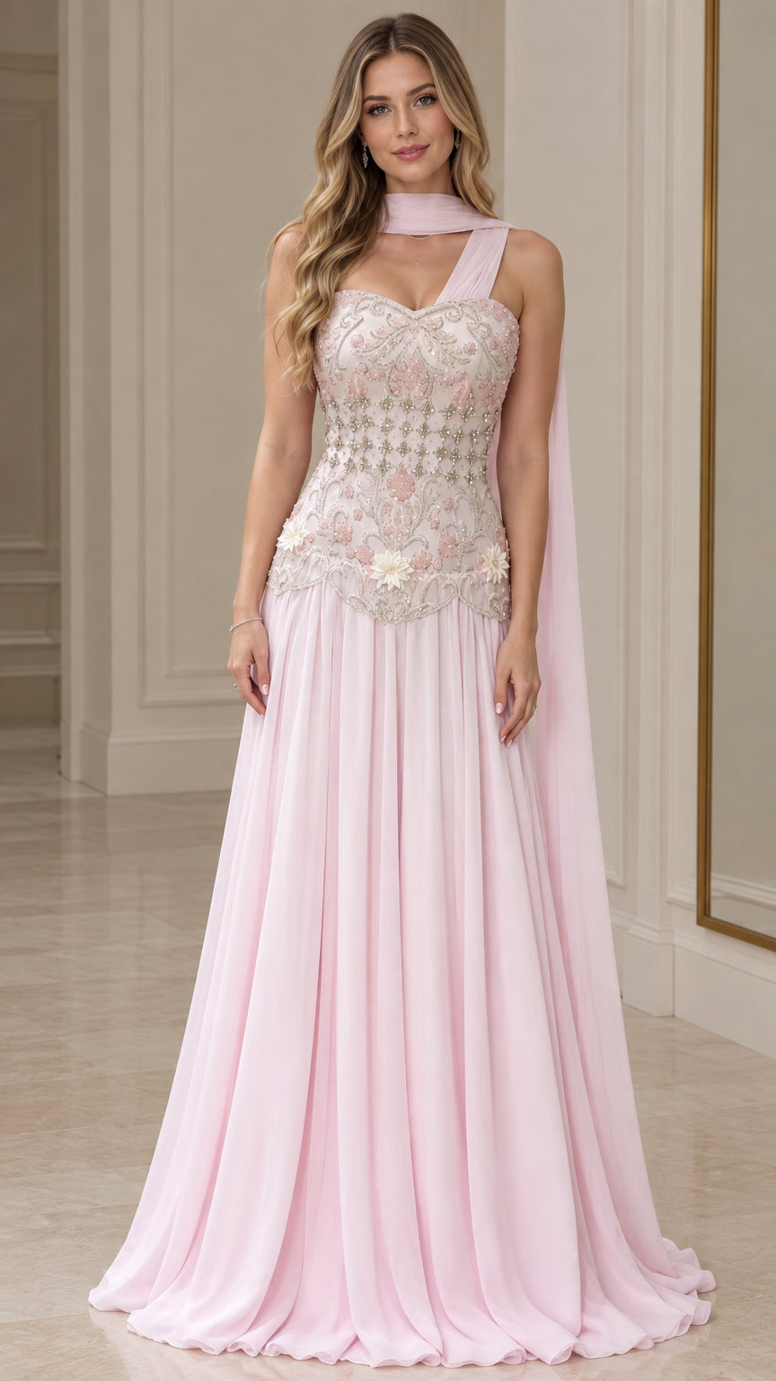 Blush pink chiffon evening gown with beaded embroidered bodice and back cape scarf front view