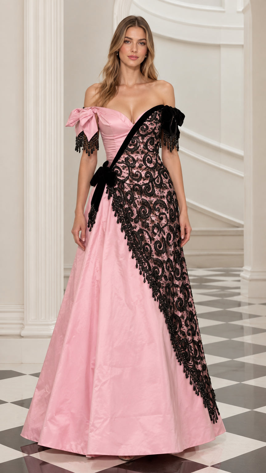 Front view of model wearing pink off-the-shoulder A-line evening gown with black lace embellishment