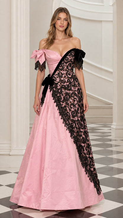 Front view of model wearing pink off-the-shoulder A-line evening gown with black lace embellishment