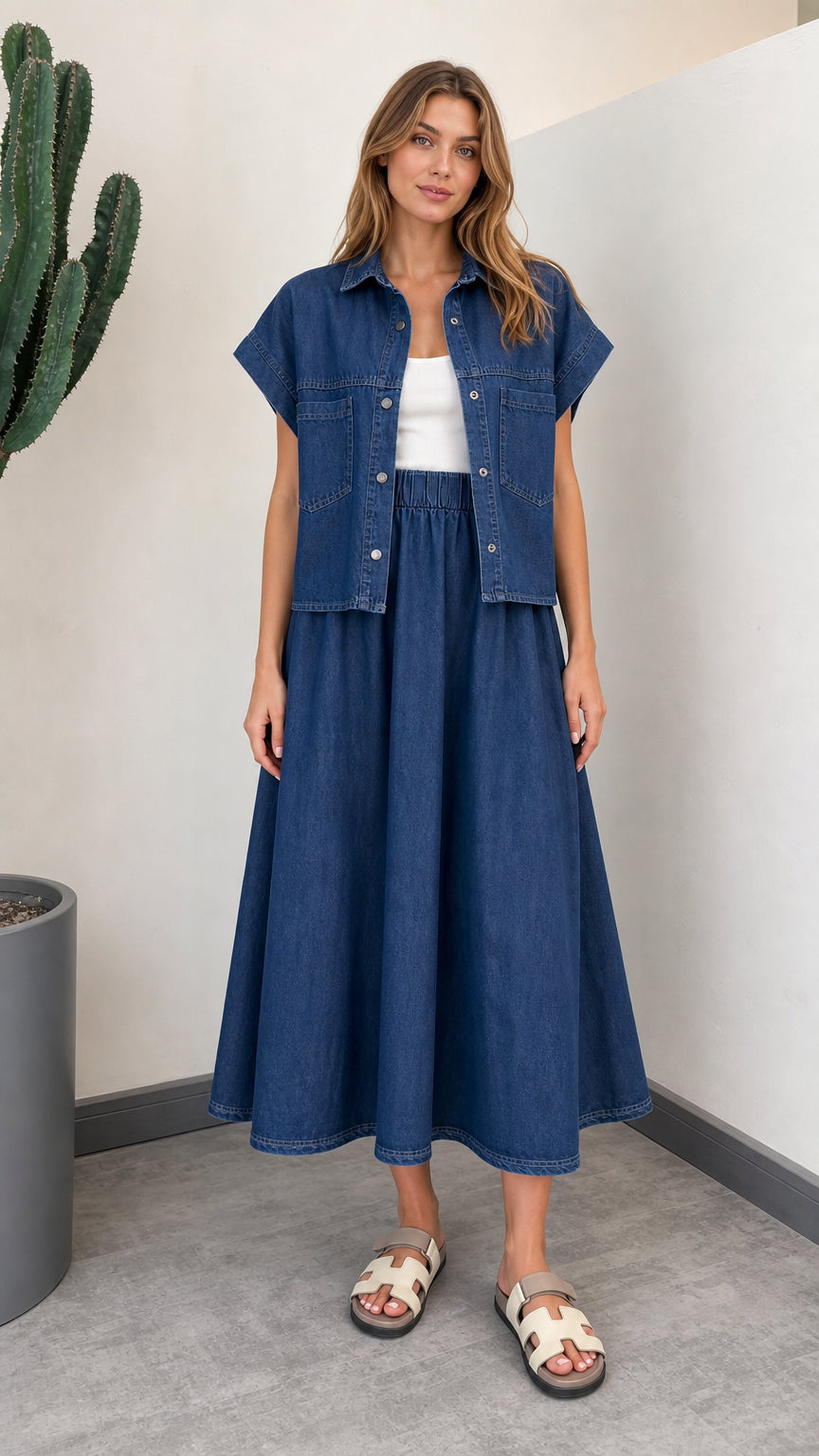 Women's Denim Blue short sleeve button-up shirt and midi skirt two-piece set front view
