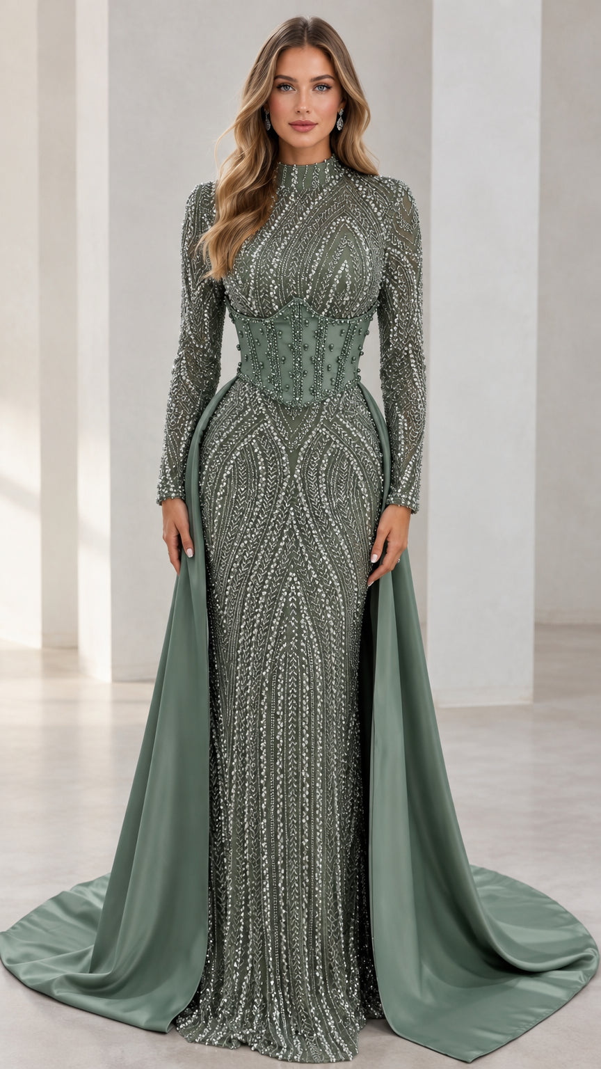 Front view of Sage Green high neck sequin evening gown with corset waist and train