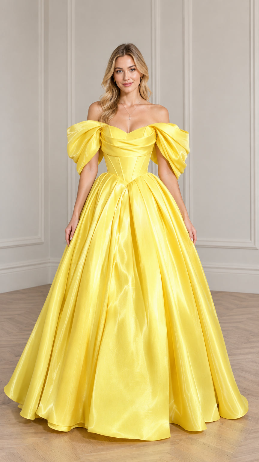 Front view of woman wearing yellow off-the-shoulder satin ball gown with puff sleeves