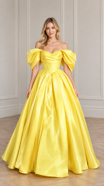 Front view of woman wearing yellow off-the-shoulder satin ball gown with puff sleeves