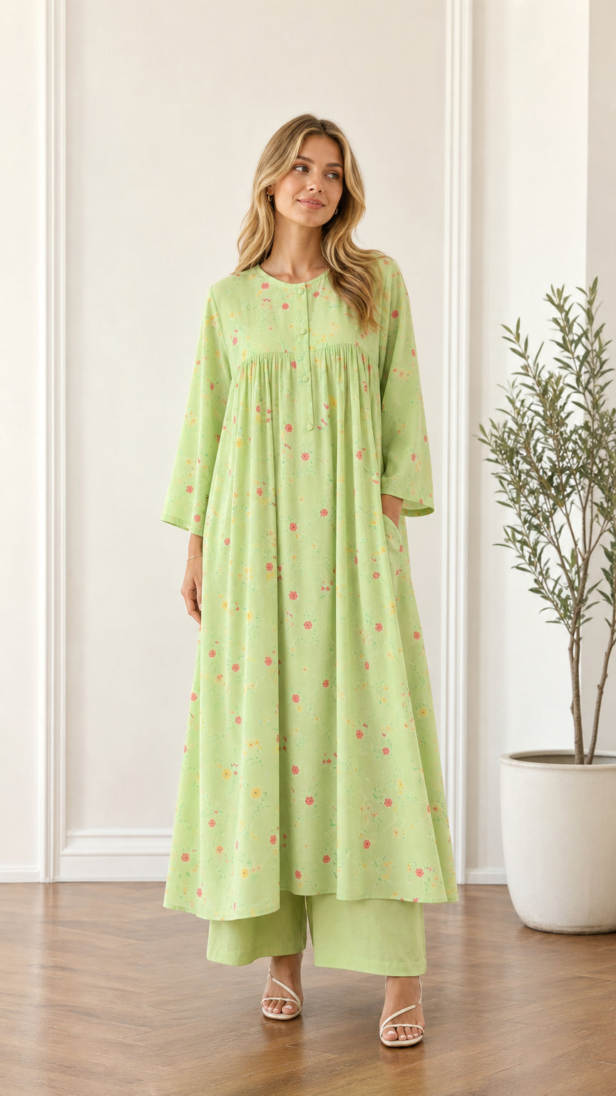 Front view of woman wearing light green floral pleated maxi dress with wide-leg pants