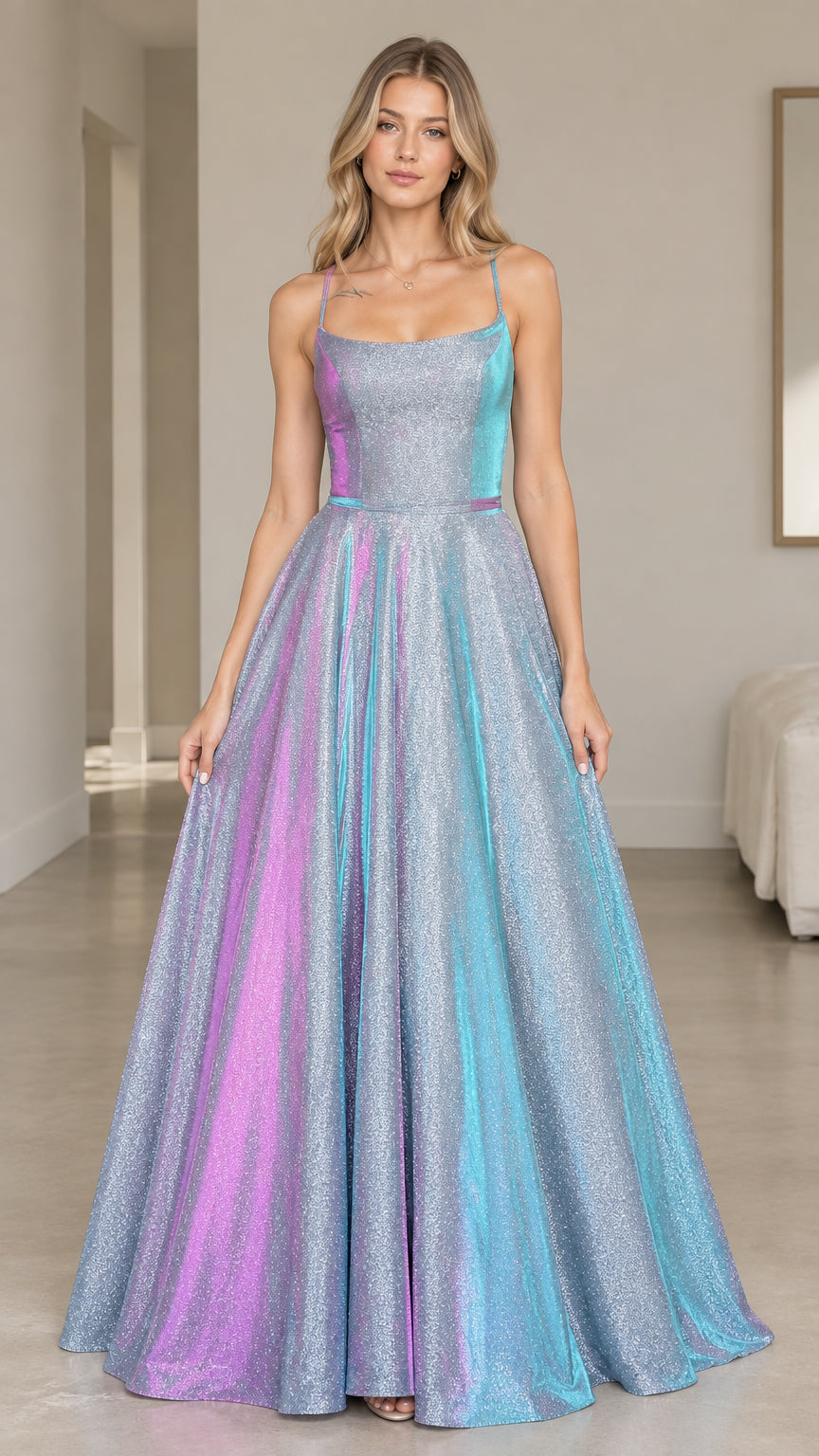 Front view of an iridescent blue glitter A-line maxi dress with square neckline and slim straps