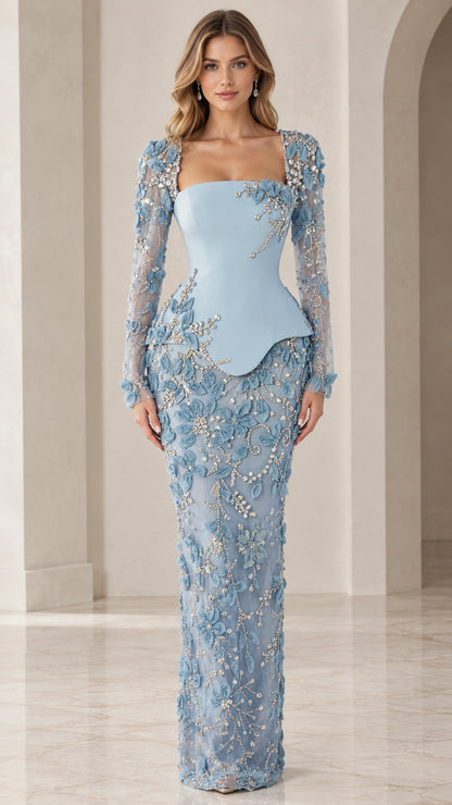 Sky Blue square neck long sleeve evening gown with sculpted peplum bodice and floral lace overlay - front view