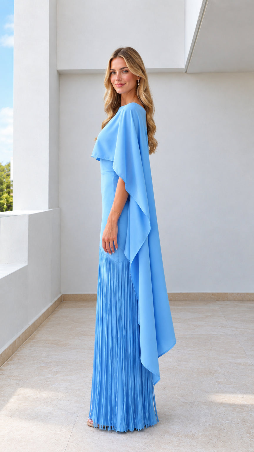 Sky blue capelet evening gown side profile view