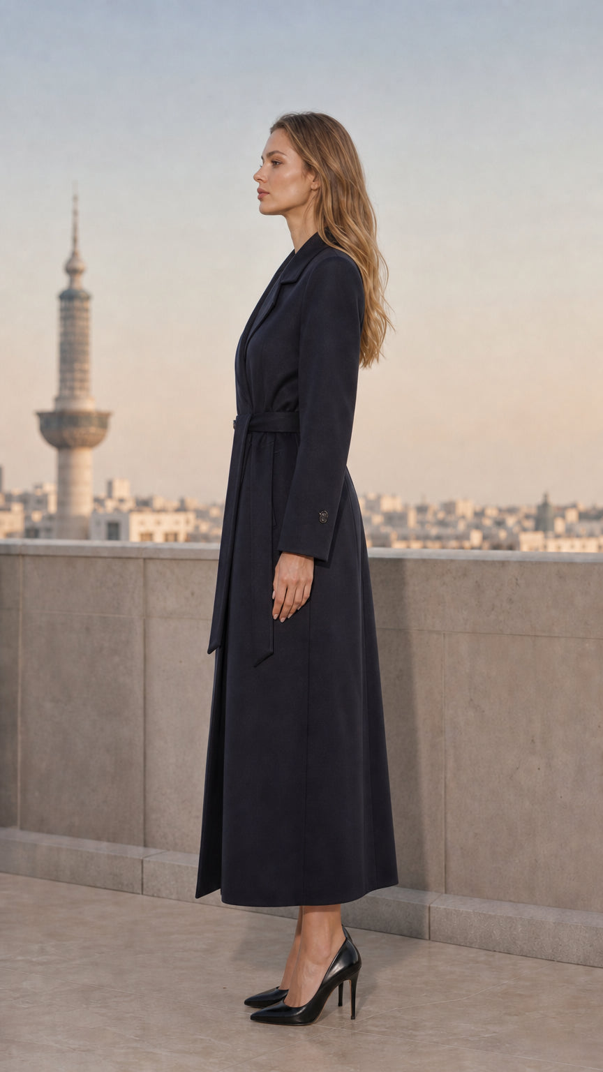 Side profile view of woman wearing long navy blue tailored coat