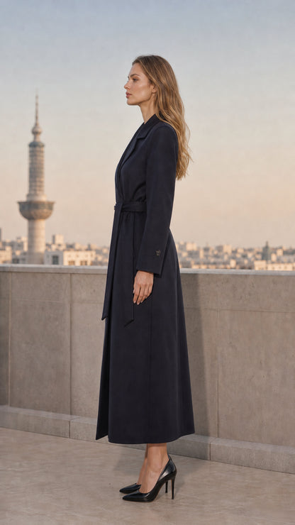 Side profile view of woman wearing long navy blue tailored coat