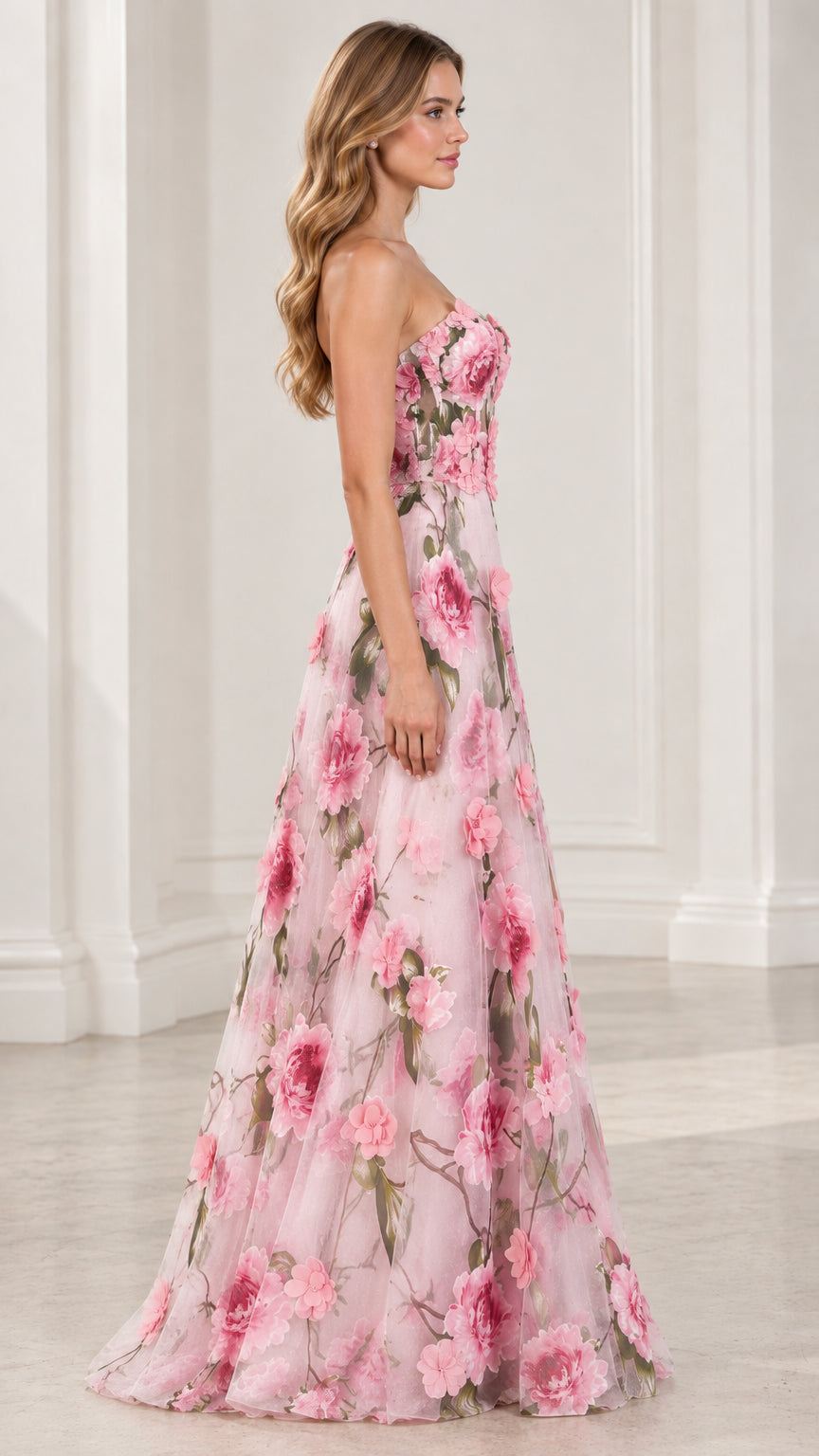 Side profile view of Blush Pink strapless floral A-line maxi dress