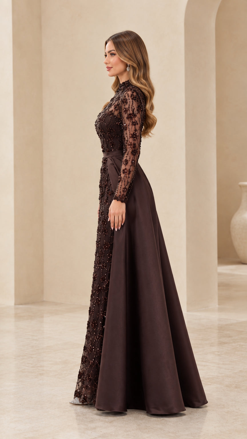 Side profile view of chocolate brown long sleeve beaded lace evening gown