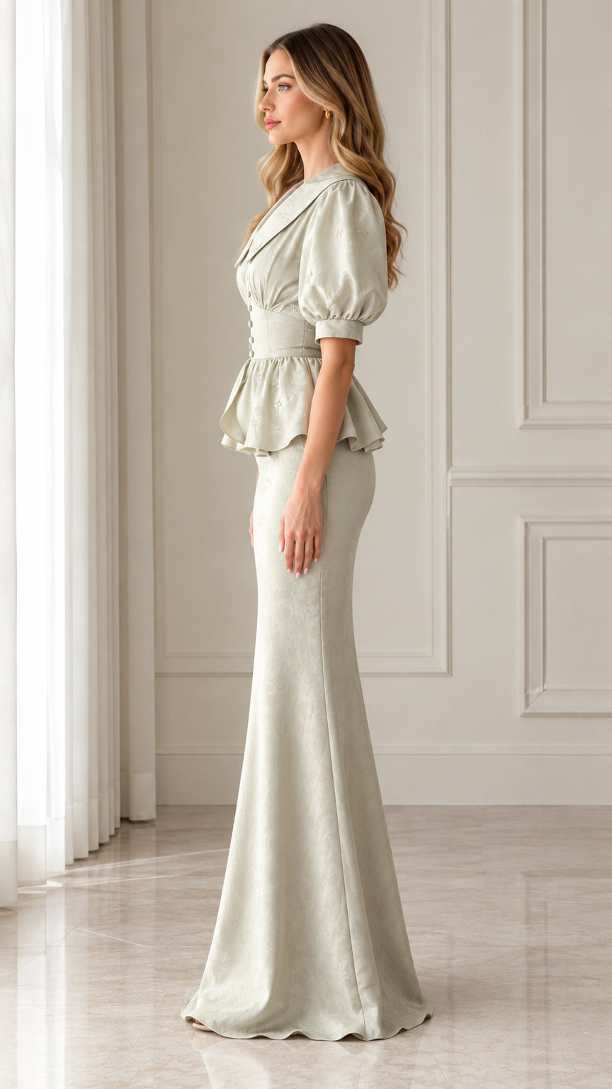Side profile view of sage green puff sleeve peplum evening gown