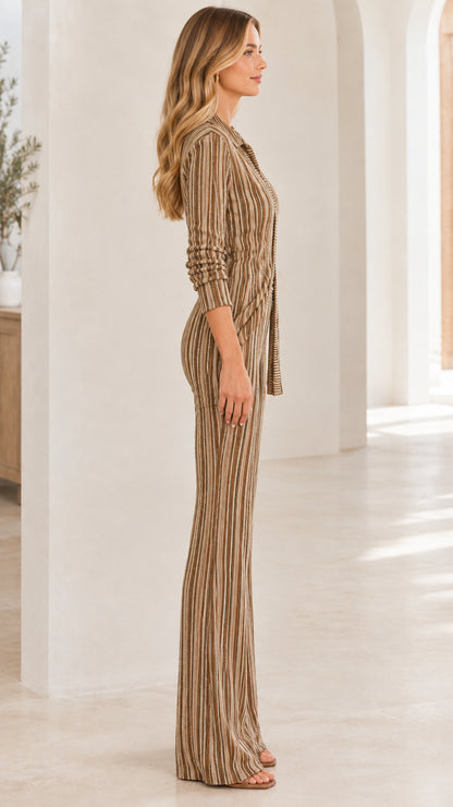 Side profile view of woman wearing Camel striped ribbed knit two-piece matching set